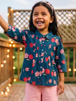 Campana - Girls Aria Pure Cotton Floral Printed Pleated Top with Collar - Navy Blue