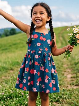 Campana - Girls Lisa Pure Cotton Floral Printed Dress With Smocking - Navy Blue