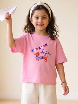 Campana - Girls Pure Cotton Drop Shoulder Bonjour Printed T-Shirt - Pink