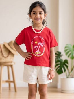 Campana - Girls Pure Cotton Drop Shoulder Worry Less Printed T-Shirt - Red