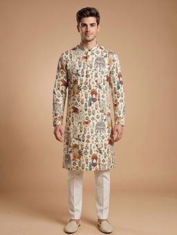 ETHNIKS NEURON - Men Cream Print Cotton Mandarin Full Sleeves Kurta with Pyjama