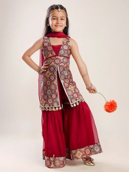 Titrit - Burgundy Embroidered Sleeveless Kurta & Sharara with Dupatta (Set of 3)