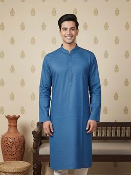 Sanwara - Teal Plain Textured Full Sleeves Kurta