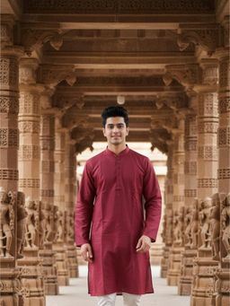 Sanwara - Maroon Plain Textured Full Sleeves Kurta