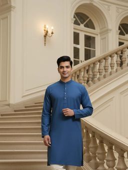 Sanwara - Blue Plain Textured Full Sleeves Kurta
