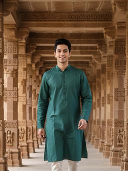 Sanwara - Green Plain Textured Full Sleeves Kurta