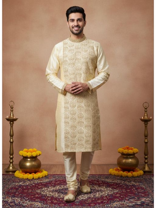 Sanwara Beige Embroidery Mandarin Neck Full Sleeves Kurta