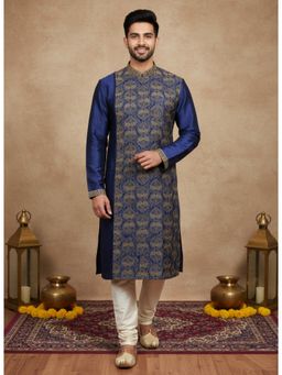 Sanwara - Navy Blue Embroidery Mandarin Neck Full Sleeves Kurta