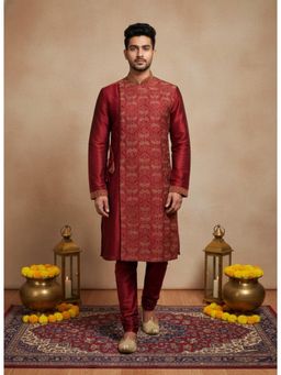 Sanwara - Red Embroidery Mandarin Neck Full Sleeves Kurta