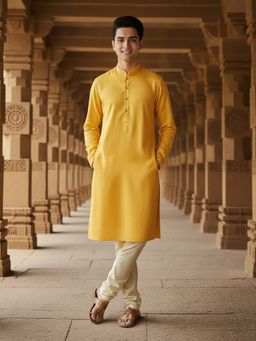 Sanwara - Yellow Textured Mandarin Neck Full Sleeves Kurta With Pyjama