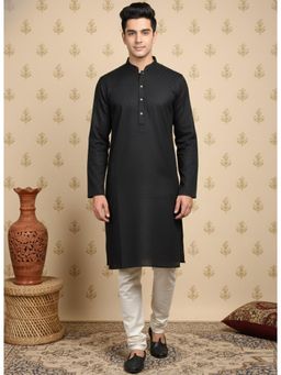 Sanwara - Black Textured Mandarin Neck Full Sleeves Kurta With Pyjama