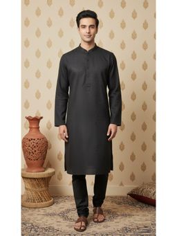 Sanwara - Black Textured Mandarin Neck Full Sleeves Kurta With Pant