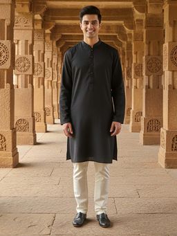 Sanwara - Black Textured Mandarin Neck Full Sleeves Kurta With Pyjama