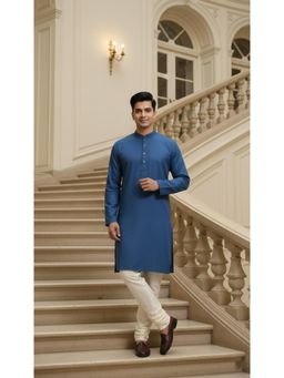 Sanwara - Navy Blue Textured Mandarin Neck Full Sleeves Kurta With Pyjama