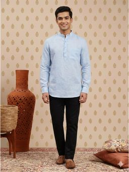 Sanwara - Blue Solid Mandarin Neck Full Sleeves Kurta With Pant