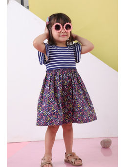 Beebay - Navy Blue Mix-Media Ruffle Sleeve Dress