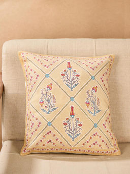 Fabindia - Yellow Cotton Rasika Printed Cushion Cover (16 x 16 inches)