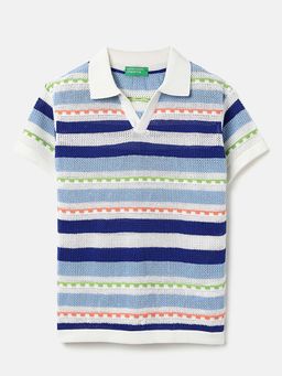 United Colors of Benetton - Regular Fit Johny Collar Patterned Polo T-Shirt Blue
