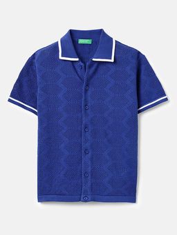 United Colors of Benetton - Regular Fit Cut Away Collar Patterned Shirt Blue