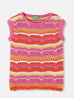 United Colors of Benetton - Regular Fit Round Neck Patterned Sweater Top Pink