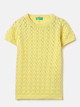 United Colors of Benetton - Regular Fit Round Neck Pointelle Knit Sweater Top Yellow