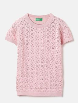 United Colors of Benetton - Regular Fit Round Neck Pointelle Knit Sweater Top Pink