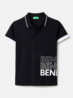 United Colors of Benetton - Regular Fit Polo Neck Typography T-Shirt Black