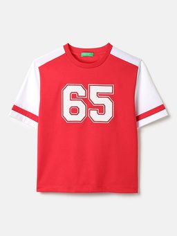 United Colors of Benetton - Boxy Fit Round Neck Colorblock T-Shirt Red