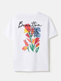 United Colors of Benetton - Longline Fit Round Neck Graphic Print T-Shirt White