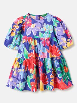 United Colors of Benetton - Regular Fit Round Neck Floral Slub Tiered Dress Multi-Color