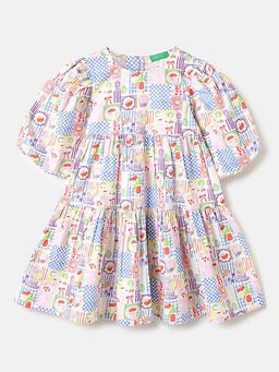 United Colors of Benetton - Regular Fit Round Neck Soft Picnic Tiered Dress White