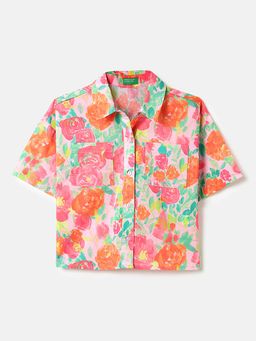 United Colors of Benetton - Boxy Fit Spread Collar Floral Cambric Rose Shirt Multi-Color