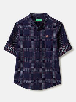 United Colors of Benetton - Regular Fit Mandarin Collar Checkered Embroidered Shirt Blue