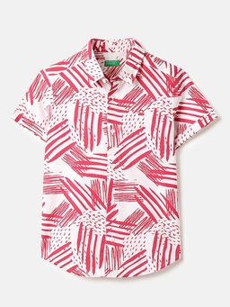 United Colors of Benetton - Regular Fit Spread Collar Brush Stroke Print Shirt White