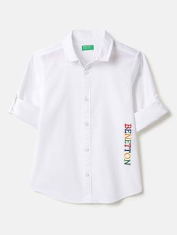 United Colors of Benetton - Regular Fit Spread Collar Embroidered Poplin Shirt White