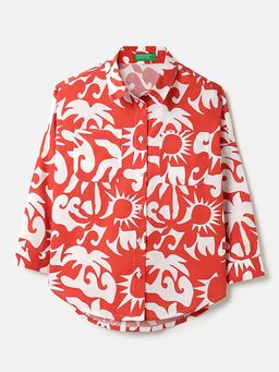 United Colors of Benetton - Regular Fit Spread Collar Printed Summer Beach Shirt Red