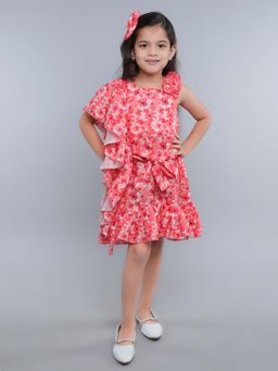 Pink Chick - Cotton One-Shoulder Floral Ruffle Dress With Matching Hair Bow -Orange