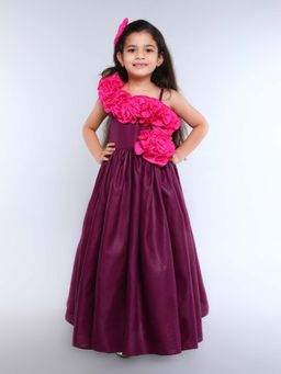 Pink Chick - Cotton Sleeveless Ruffles Fit And Flare Gown With Matching Clip -Burgandy