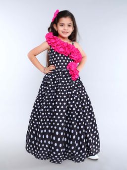 Pink Chick - Cotton Polka Dot Ruffles Fit And Flare Gown With Matching Clip -Black