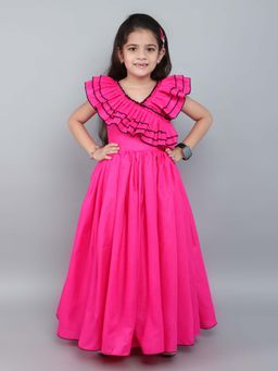 Pink Chick - Cotton Sleeveless Ruffles Fit And Flare Gown With Matching Clip -Pink