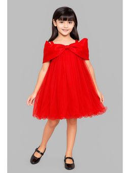 Pink Chick - Woven Off Shoulder Bow Flared Dress -Red