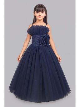 Pink Chick - Net Floral Applique and Ruffle Detailed Fit Flared Gown -Navy Blue