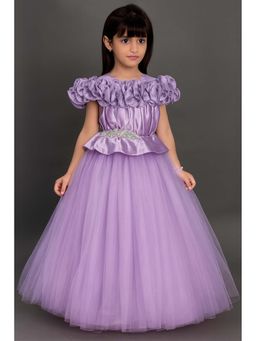 Pink Chick - Satin Off Shoulder Sleeves Ruffles And Diamond Embellished Gown- Lilac