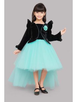 Pink Chick - Velvet Jacket Style Bow Applique Detailed High Low Dress - Aqua Blue