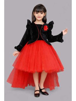 Pink Chick - Velvet Jacket Style Bow Applique Detailed High Low Dress - Red