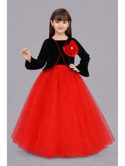 Pink Chick - Velvet Jacket Style Bow Applique Detailed Fit And Flare Gown- Red