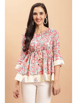 Rajnandini - Womens Pure Cotton Cream Jaipuri Printed Top