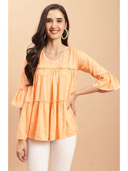 Rajnandini - Womens Pure Cotton Light Orange Jaipuri Printed Top