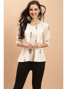 Rajnandini - Womens Pure Cotton Off White Jaipuri Printed Top