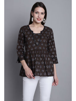 Rajnandini - Womens Pure Cotton Dark Brown Jaipuri Printed Top